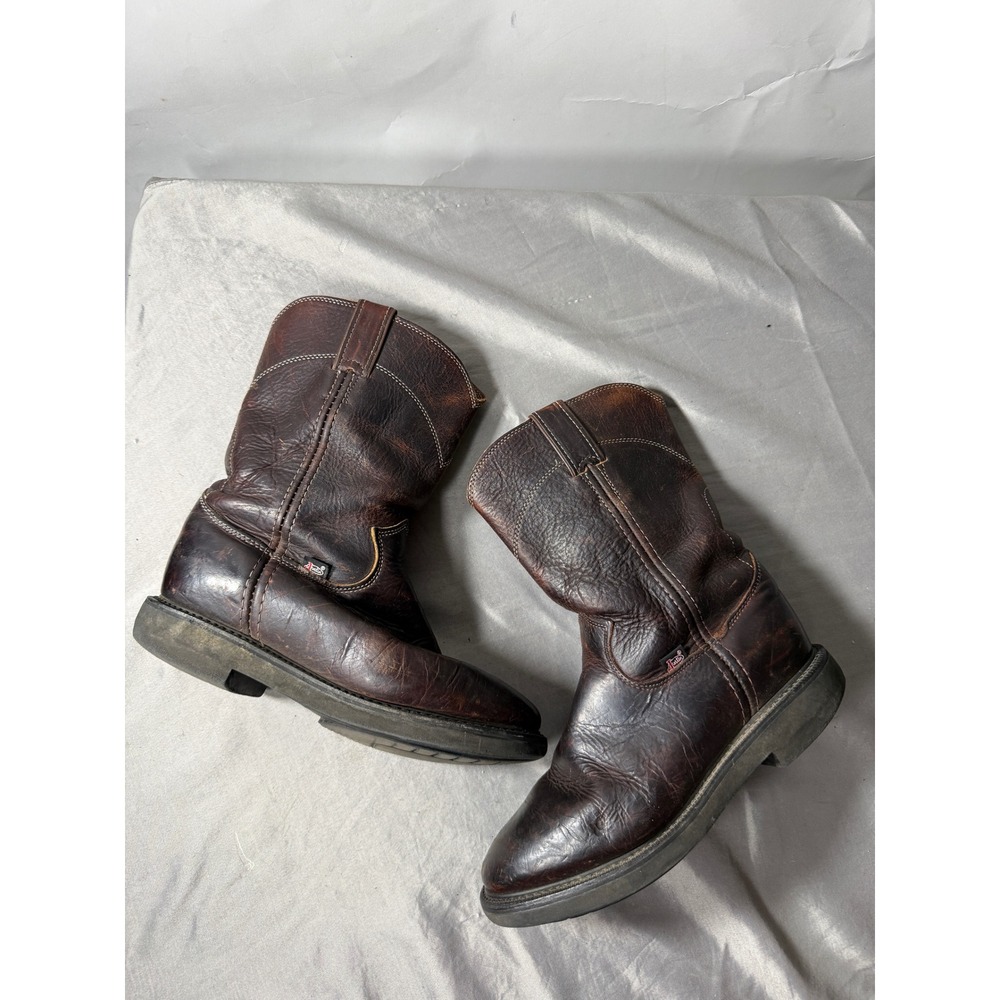 Justin Mens Brown Leather Roper Cowboy Boots Made in USA 9403 Pull On Work Boots